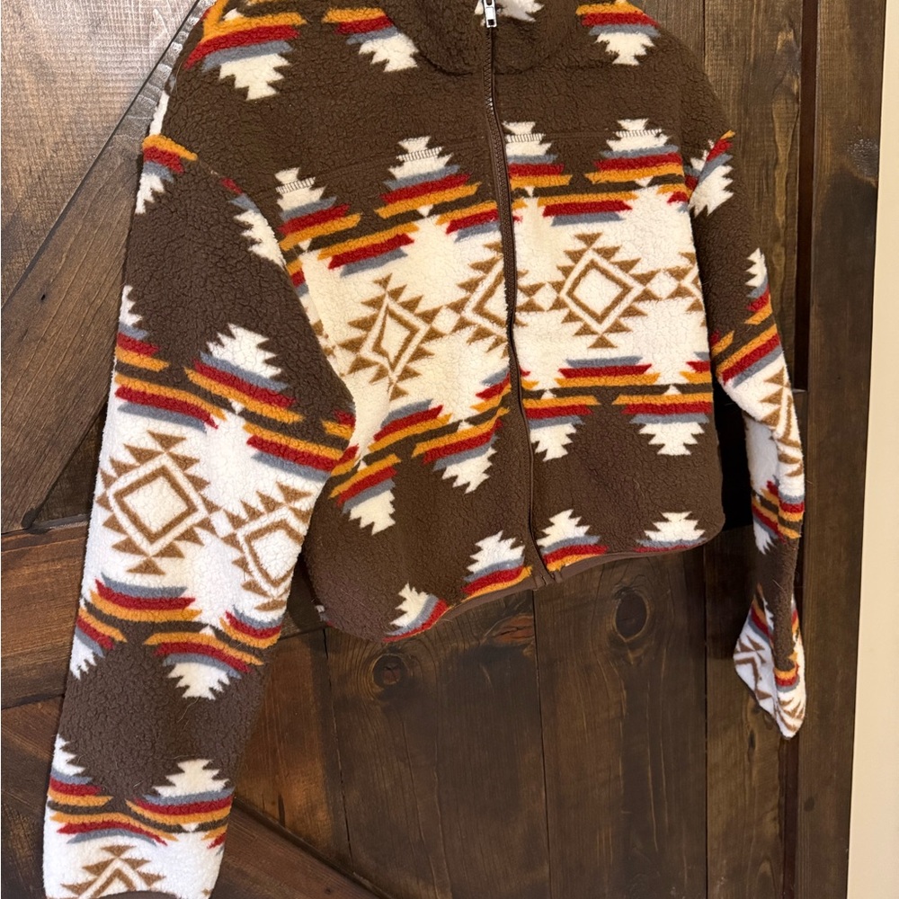 Love Tree Brown Aztec Sherpa Jacket with Cream and Rust Accents